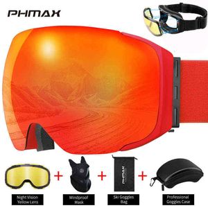 PHMAX Kayak Gözlükleri Manyetik Erkekler Kış Anti-Sis Snowboard Gözlüğü Gözlük Kayak UV400 Koruma Çift Katmanlar Kayak Maskesi Gözlük 220.110