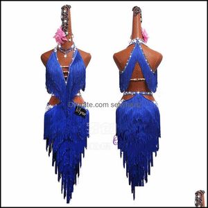 Bühnenkleidung Bekleidung Professionelle Latin Dance Kleid für Frauen Strass Fransen Samba Kostüm Salsa Tango Ballsaal Wettbewerb Kleider Drop De