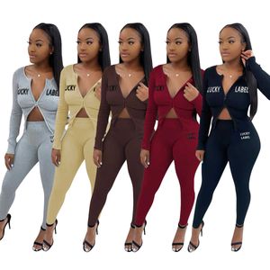 Two Piece Crop Top Pants Outfits Designer Women Rib Zipper Cardigan Leggings Black Jogging Suits Letter Embroidery Sweater Sets