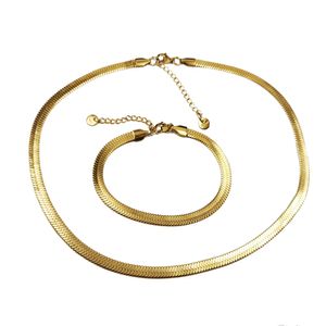 18k Gold Plated Jewelry Set Flat Snake Chain Necklace Bracelet Herringbone Choker Layer Stainless Steel for Women Gifts