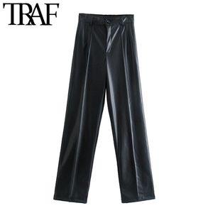 TRAF Women Fashion Faux Leather Straight Pants Vintage High Waist Zipper Fly Female Trousers Mujer 211115