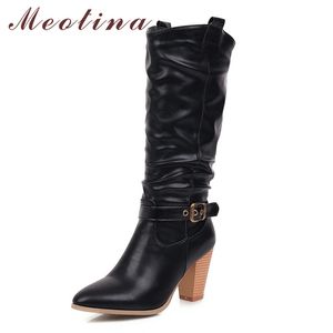 Botas Ocidentais Mulheres Sapatos Buckle Alto Salto Médio-Bezerro Ponto Pessoa Toe Block Saltos Plissados ​​Senhoras Inverno Cinza 210517