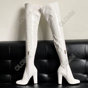 Olomm Women Spring Thigh High Boots Side Zipper Sexy Stiletto Heels Round Toe Pretty Violet White Dress Shoes Plus US Size 5-20
