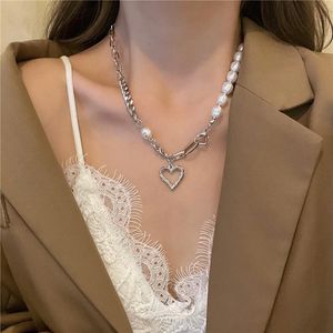 Chokers Trendy Vintage Round Freshwater Pearl Choker Necklace For Women Summer Cute Heart Pendant Stainless Steel Chain Punk Jewelry