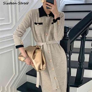Elegant Knitted Dress Woman Single-breasted Apricot High Waist es Clothing Spring Long Sleeve OL Sweater Female 210603