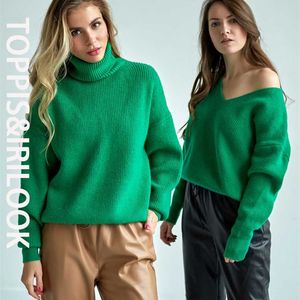 Toppies Sexig Deep V-Neck Sweater Off Shoulder Sweater Grön Vit Stickade Toppar Koreanska Vinter Kläder 211215