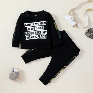 Vinter barn sätter Casual Långärmad O Neck Letter T-shirt Svart Byxor Söt 2PCS Girls Boys Clothes 0-2T 210629