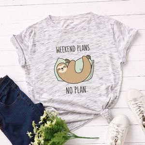 100% bomullskvinnor T-shirt Lazy Sloth Weekend Planer Inga planer Skriv ut O-Neck Kortärmad Sommar Kvinnor Topp W739 210526