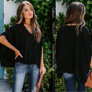 Shirts Woman Draped Blouses 2021 Summer Solid Dolman Sleeves V Neck Blouse Shirts Casual Female Loose Tops Black/White SXXL Women's &