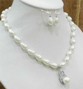 Earrings & Necklace Teardrop White 9x13mm Akoya Cultured Shell Pearl Pendants Earring Set