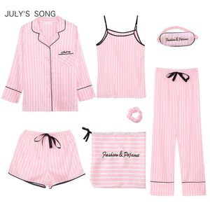 7月の歌ピンクの女性の7個の部分エミュレーションシルクストライプパジャマ女性スプリーウェアセット春の夏秋の家庭Q190513
