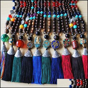 Naszyjniki wisioranki wisiorki biżuterii etniczny styl żeński nakarpień z frędzle długi modny ręcznie robiony koralik łańcuch swetera amoy biżuteria d kroplę
