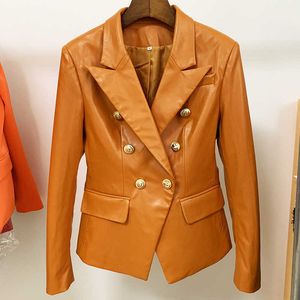 HIGH STREET Newest Fashion 2021 Designer Style Women's Double Breasted Lion Buttons Synthetic Leather Blazer Jacket Brown X0721
