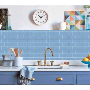 Peças De Madeira Natural venda por atacado-Art3D x30cm descascam e vara backsplash telhas adesivos de parede d para cozinha casa de banho quartos de lavandaria quarto luz brilhante azul papéis de parede folhas