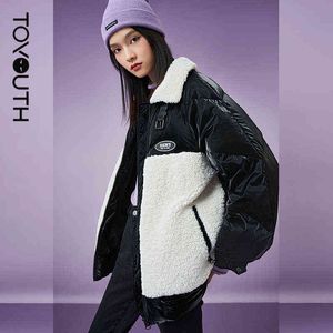 Toyouth Women Down Jacket Vinter Tjock Polo Krage Varm Outwear 90% Vit Duck Down Lamb Wool Stitching Casual Chic Coats 211221