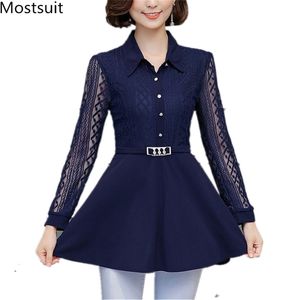 M-5XL Plus Size Koronki Długie Bluzki Tuniki Topy z pasem Kobiety Rękaw Turn-Down Collar Office Eleganckie Korea Koszulki Blusas 210513
