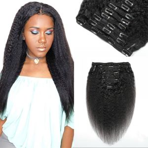 Kinky Straight Clip in Human Hair Extensions 120g Malaysian Coarse Yaki Clips ins for Black Women Double Weft