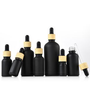 Матовая черная с покрытием с покрытием бутылка капельницы бостон круглые эфирные масла флаконы с деревянной зерновой пластиковой крышкой