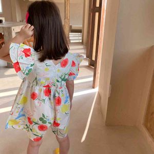 Sommarflickor Bomull Floral Fly Sleeve BodySuits Lossa Cool Wide Leg Jumpsuits Kids Coveralls 210508