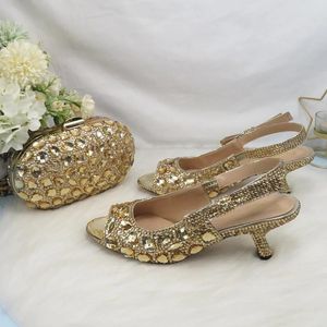 Sandals Bride Wedding Shoes And Bag Set Open Toe Champagne Gold Crystal Women Fashion Peep High Heels Handbag Purse