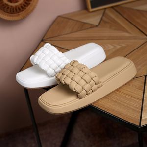 Women Slippers Fashion Home Thick-soled Woven Upper Dign Slope Heel Casual Living Room Bedroom 2021 Summer Woman Sho