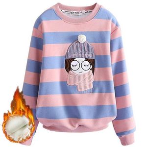 Sweatshirt for Girls Winter Fleece School Children's Sweater Stripe Girls Clothes 10 12 Years Thicken Autumn Kids Pullover Tops 211023