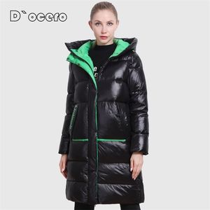 Docero冬のジャケットの女性のカジュアルな緩い対照的な色サイドスプリットパーカー厚いキルティングコートロングフード付きアウター210923