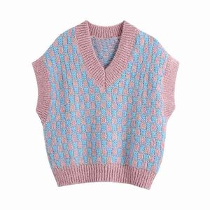 Streetwear Women Pink Blue Plaid Sweaters Tanks Fashion Ladies V-Neck Knitted Tops Elegant Female Chic Pullovers 210527