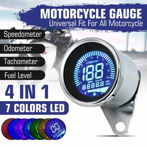 4 In 1 Motorcycle Digital Odometer Speedometer Tachometer RPM Fuel Level Gauge MPH KM H 7 Colors Universal - Chrome Black