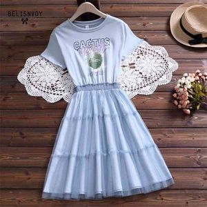 Preppy Style Summer Tulle Dresses Kawaii Elegant Kvinnor Mini Vestidos Mode Tryckt Mesh Patchwork Layered 210520