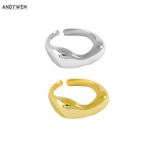 Andywen 925 Sterling Silver Gold Grube Duże Resizable Pierścienie Kobiety Adotydowe Luksusowe Biżuteria Prezent na Party Rock Punk Klejnoty 210608