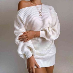 Kobiety Biały Sweter Sukienka Off Ramię Z Długim Rękawem Luźne Zgadzarczone dzianiny Pullover Moda Jesień Krótki 210603