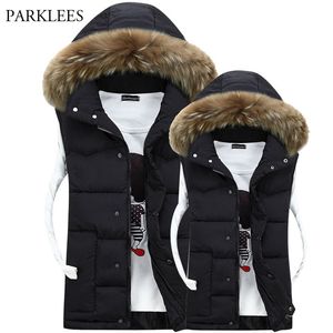 Gilet da uomo invernale con cappuccio in pelliccia Casual senza maniche Outwear Solid Warm Thick Hommes Veste Uomo / Donna Cappello Gilet imbottito in cotone staccabile 210524