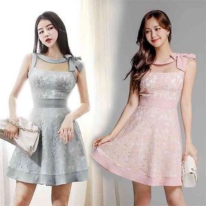 Pink lace Dress korean ladies Summer SLeevelss bow Entrance Ceremony A line party Sexy Dresses for women clothing 210602