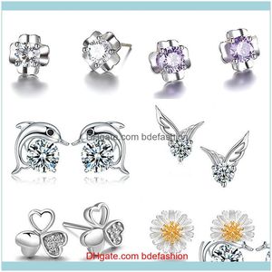 Jewelry925 Sterling Sier Heart Shaped Cz Zircon Crystal Flower Earrings For Women Wedding Ear Stud Earring Ky Drop Delivery 2021 Qy1Kd