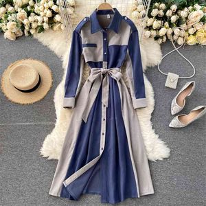 Sales Autumn Winter Basic Wear Women Elegan Office Lady Work Patchwork Long Dress Single Breasted Robe Wind Shirt 210514