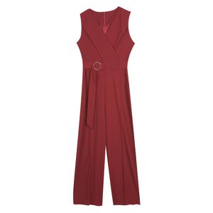 Kvinnor Svart Orange Vin Ärmlös Tank V-Hals Jumpsui Pocket Solid Sash Casual Ankellängd Byxor Jumpsuit J0121 210514