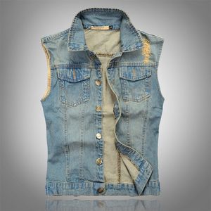 Ny 2021 Denim Vest Men Punk Rock Gör gamla hål Cowboy Black Jeans Waistcoat Fashion Men Motorcykel Stil Ärmlös Jeans Jack