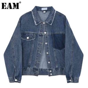 [EAM] Gevşek Mavi Denim Büyük Boy Cep Asimetrik Ceket Yaka Uzun Kollu Kadın Coat Moda İlkbahar Sonbahar 1dd6889 21512