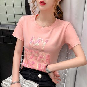 Verhellen Pink Sequin Letter T-shirt Kvinnor Toppar Kortärmad Bomull T Shirt Koreansk stil Sommar Fashion Streetwear Tee 210706