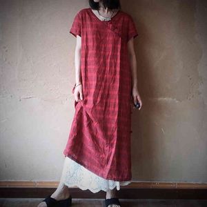 Johnature Lato Czerwona Plaid Retro Dress Vintage O Neck Pościel Krótki Rękaw Plus Size Kobiety Luźna Dresy Dress