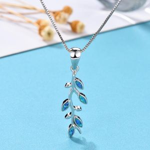 Pendant Necklaces Cute Plant Tree Leaf Blue White Fire Opal For Women Silver Color Dainty Womens Wedding Party Choker Jewelry