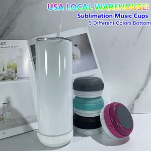 USA STOCKS Sublimation oz Straight Music Tumblers with bluetooth tumbler Straw Lid Blanks Stainless Steel Double Wall Skinny Coffee Cups Travel Mugs Party