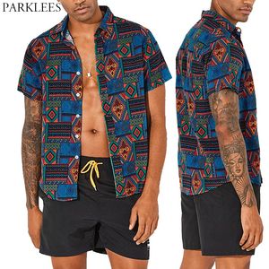 レトロなアフリカの男性の夏のシャツの花柄プリントメンズ半袖シャツカジュアルボタンシャツビンテージハワイアンの男性服210524