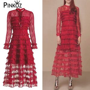 Runway Designer Ruched Red Black A-Link長袖レースドレス女性レディのエレガントなVestidos de MujerカジュアルローブY2K 210421