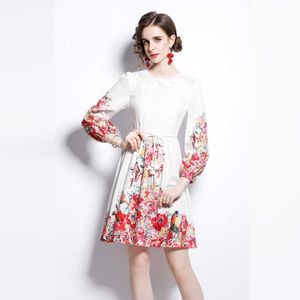 Kobiety Summer Elegancki Vintage Kwiatowy Print O Neck Lampion Rękaw Wedding Party Robe Femme Designer White Mini Dress Vestidos 210525