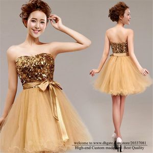 Słodki Sexy Gold Sweetheart Mini Homecoming Dress 2021 Cekiny Bow Tulle Plus Size Graduation Cocktail Prom Party Suknia H10