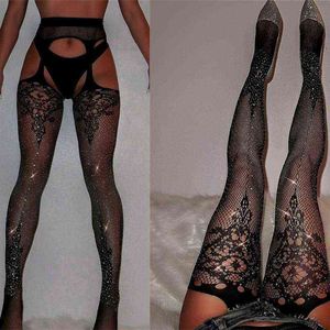 Kadın Stcokings Açık Kasık Rhinestone Fishnet Külotlu Medias De Mujer Collant Femme Lenceria Şeffaf Glitter SW301 Y1130