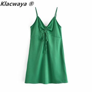 Woman Za Summer Silk Satin Textured Bow Ornament Green Underwear Style Short Suspender Dress 210521