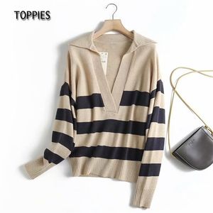 Toppies Vintage Striped Sweater Kvinnor Stickade Lapel Toppar Casual Kvinna Pullovers Hösthoppare 210914